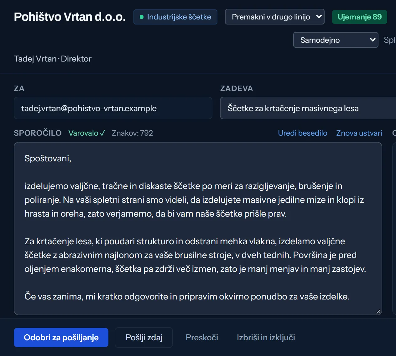 Osnutek pisma, napisan za izbrano podjetje