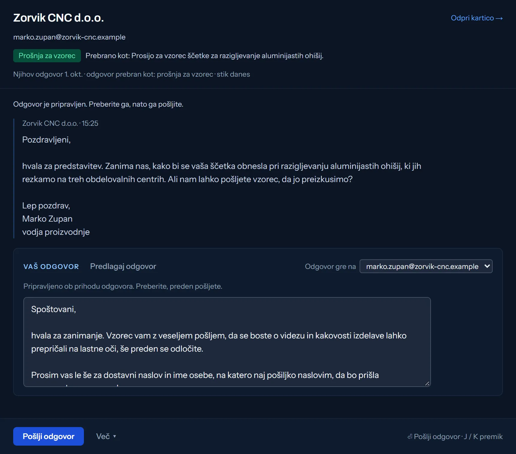 Odgovor podjetja in pripravljen odgovor, ki ga preberete in pošljete