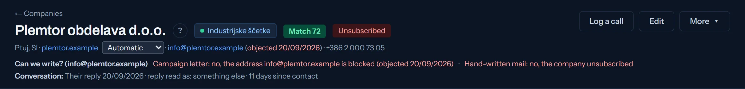 The line on a company's page that says you may not write to it