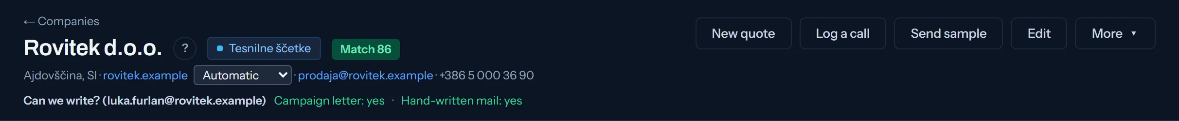 The line on a company's page that says you may write to it